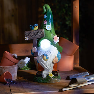 GNOME WITH GLOWING NOSE AND WELCOME SIGN SOLAR STATUE