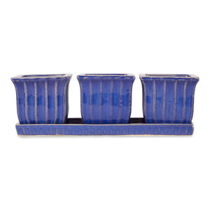 BLUE SQUARE CERAMIC SMALL PLANTER SET OF 3