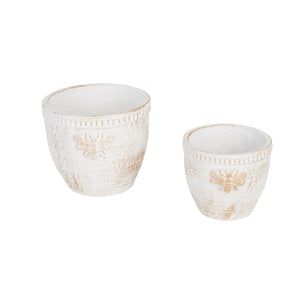 GOLD BEE WHITE WASHED CEMENT FLOWER POT SET/2