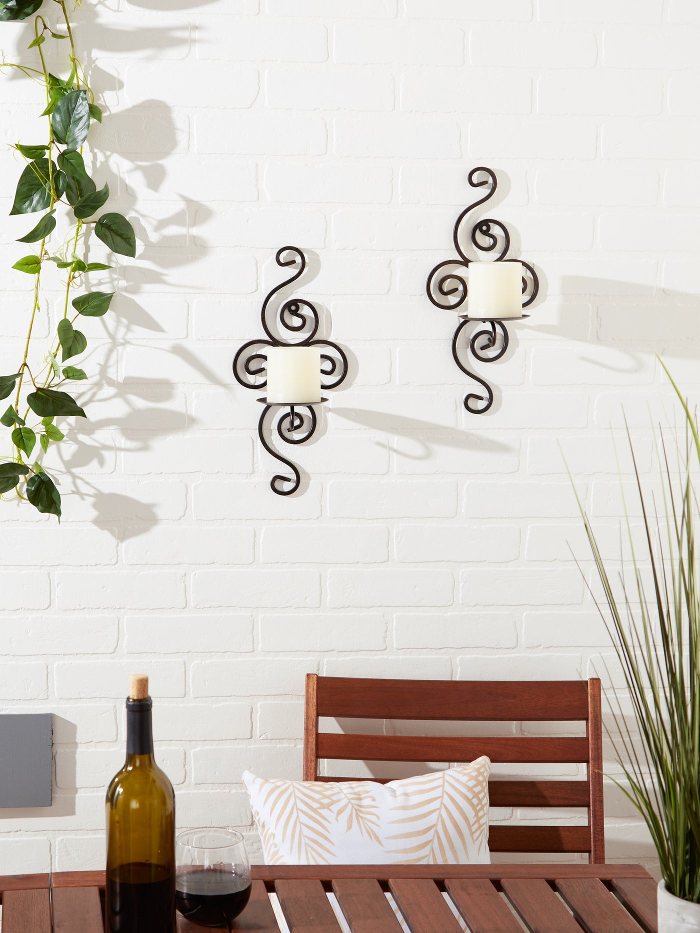 Scrollwork Wall Sconces - Set Of 2 Metal Candle Holders, Swirl Design, For Holiday & Home Decor