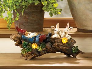 SLEEPING GNOME WITH BUNNIES SOLAR STATUE