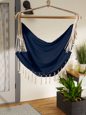 BLUE CHAMBRAY HAMMOCK CHAIR WITH FRINGE TRIM