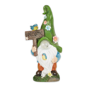 GNOME WITH GLOWING NOSE AND WELCOME SIGN SOLAR STATUE
